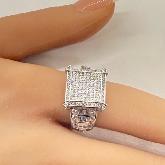 925  Stering Silver Square Pave Ring - Picture 1 of 8